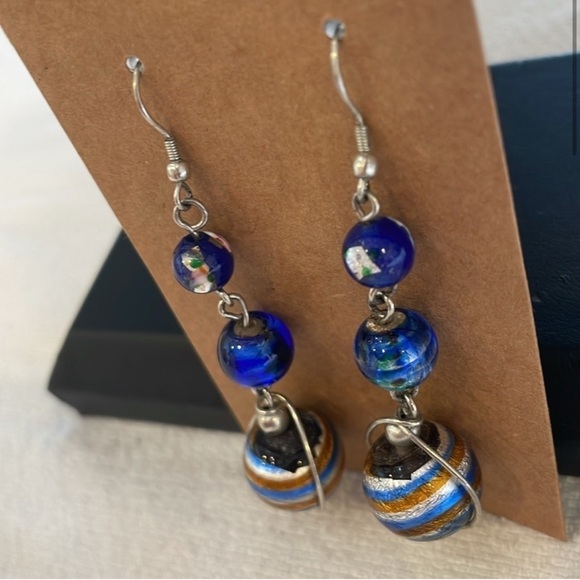 Vintage Glass Art Deco Ball Drop Dangle Blue Metallic Earrings - Picture 3 of 6